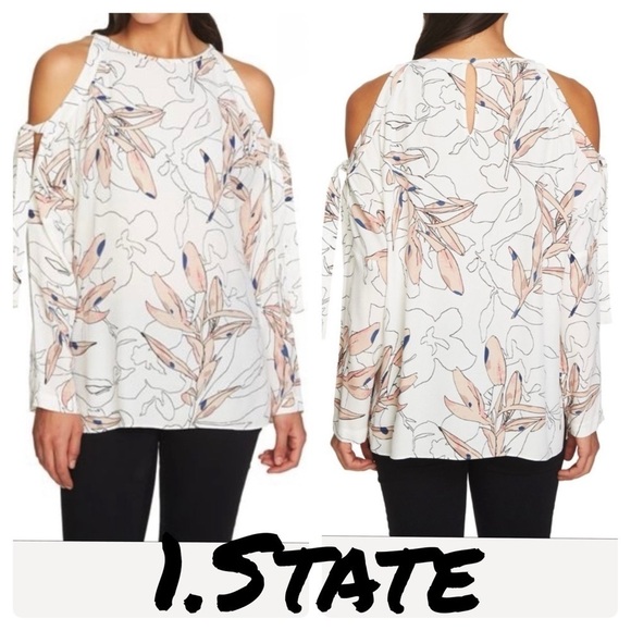 1.State Cold Shoulder Floral Blouse tie sleeve - Picture 1 of 13